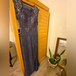 Navy blue lace maxi dress with slit and diamanté details
